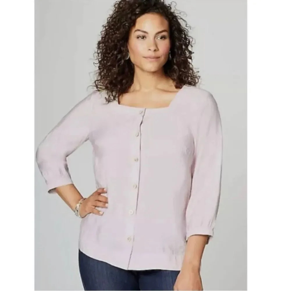 NEW J. Jill Pale Orchid Square-Neck Button Down 3/4 Sleeve Pleated Blouse